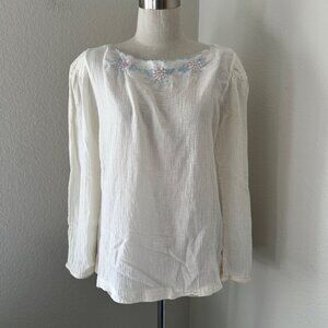 Avon Fashion Boho Vintage Long Sleeve Blouse Embroidered Gauze Cotton White S